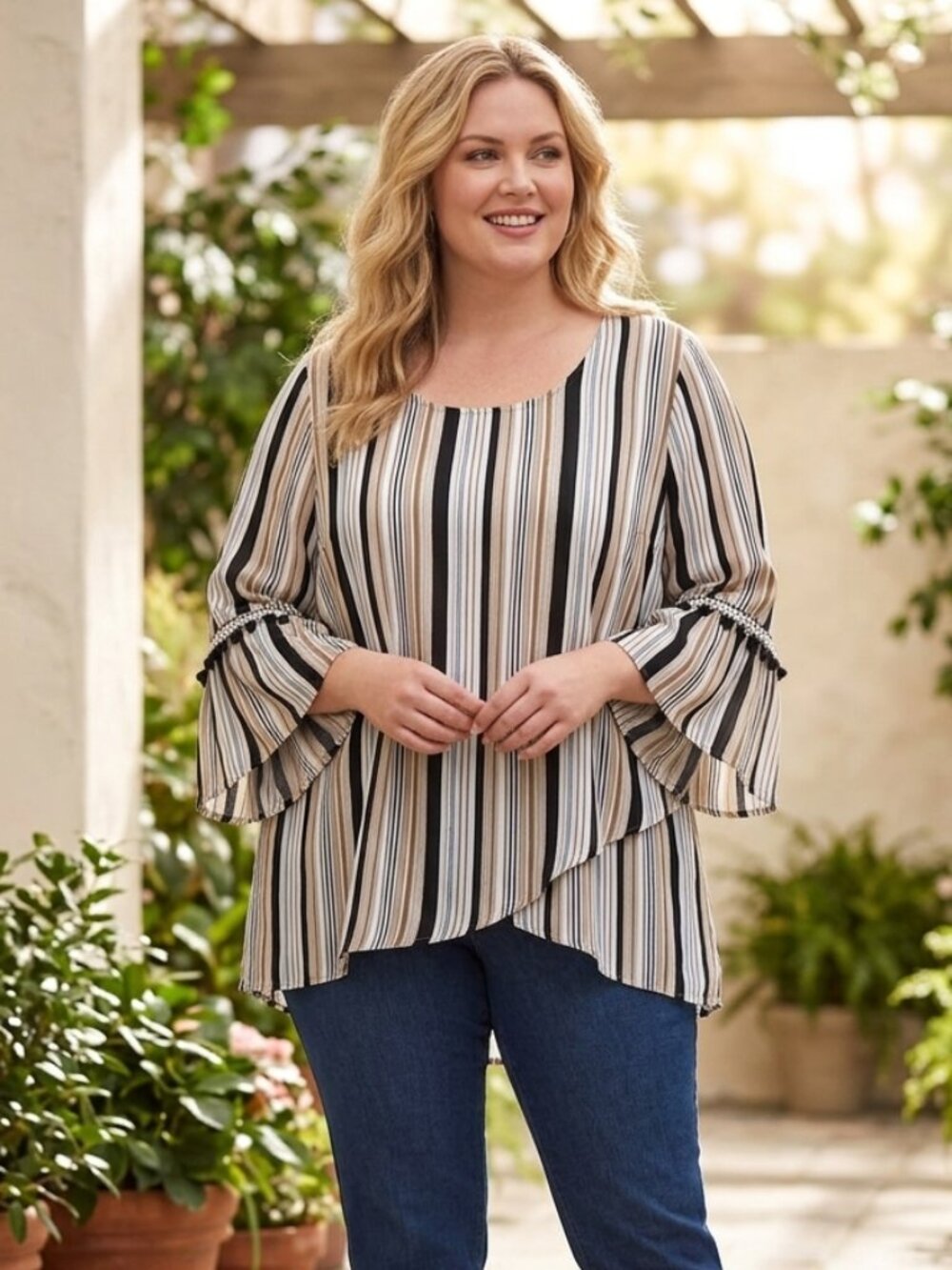 Boho Vertical Striped Bell Sleeve Top - Plus Size 3X  Flowy & Chic Aesthetic